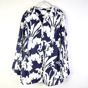 Roaman's Top Women 22W Plus White Navy Floral Button Down Collar Classic NWOT